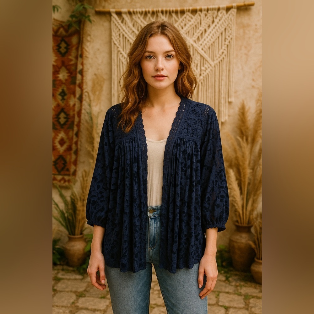 Bohemian Navy Blue Velvet Burnout Kimono Crochet Lace Detail Size Large